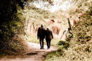 年金受給者らしき老夫婦が仲良く散歩している