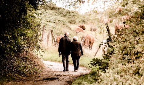 年金受給者らしき老夫婦が仲良く散歩している